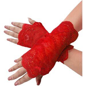Women's Red Fingerless Short Lace Gloves Elegant Design Wedding Party Costume